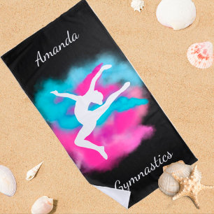 Gymnastics Leap Pink Blue Colour Bomb with Name Beach Towel