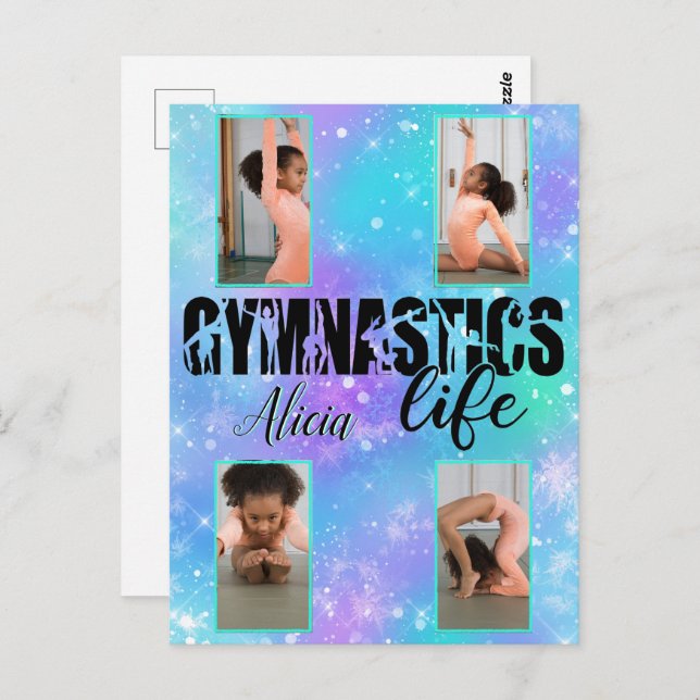 Gymnastics Life Pastel Personalised Name & 4 Photo Postcard (Front/Back)