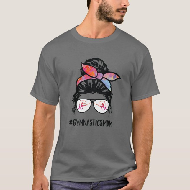 Gymnastics Mum Messy Bun Hair Glasses Gymnast Moth T-Shirt (Front)