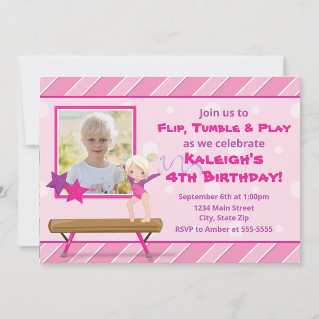 Gymnastics Party Birthday Invitation Blonde Girl (Front)