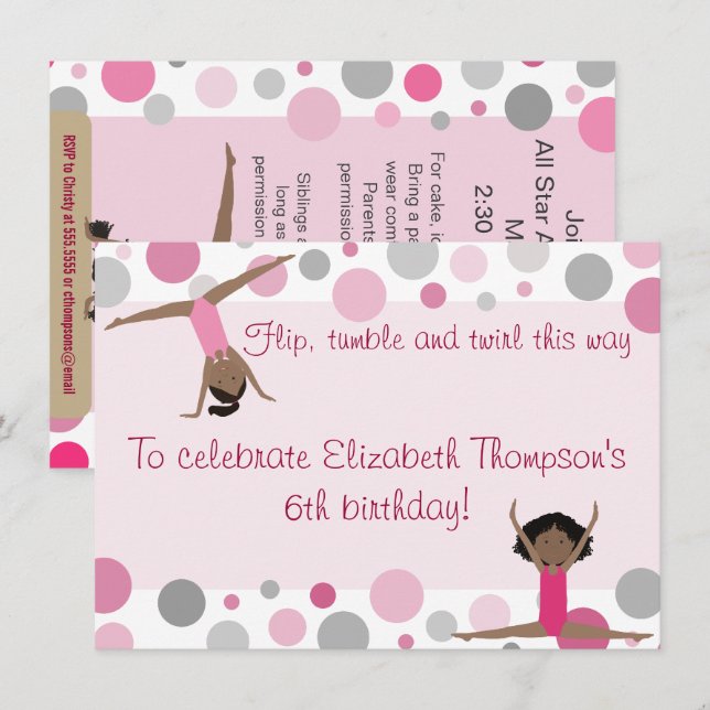 Gymnastics Party Dark Hair Girls In Pink and Grey Invitation (Front/Back)