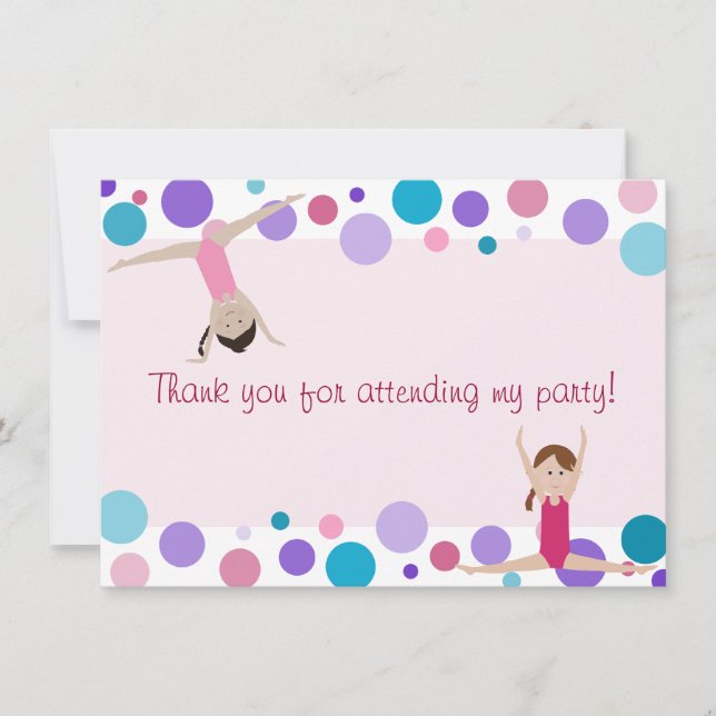 Gymnastics Party Flat Thank You in Aqua and Pinks (Front)