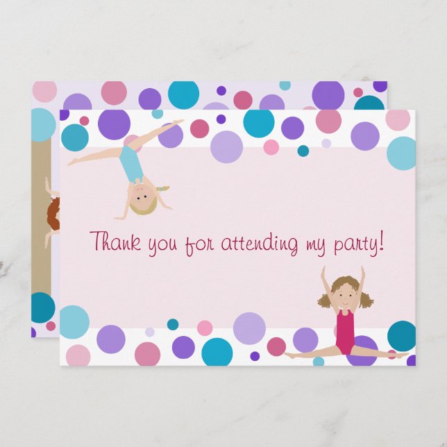Gymnastics Party Flat Thank You in Aqua and Pinks Invitation (Front/Back)
