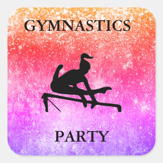 GYMNASTICS PARTY RAINBOW SPARKLE SQUARE STICKERS (Front)