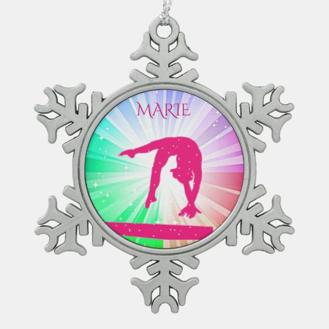 GYMNASTICS PEWTER SNOWFLAKE TREE ORNAMENT. SNOWFLAKE PEWTER CHRISTMAS ORNAMENT (Front)