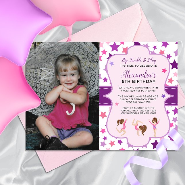 Gymnastics Photo Girl Stars Birthday Party Invitation (Gymnastics Photo Girl Stars Birthday Party Invitation)