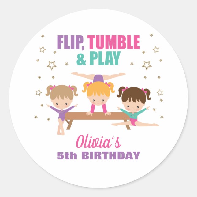 Gymnastics Pink Purple Turquoise Girl Birthday Classic Round Sticker (Front)