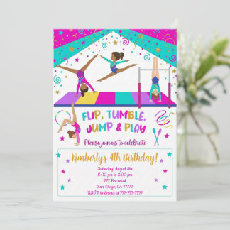 Gymnastics Pink Purple Turquoise Girl Birthday Invitation