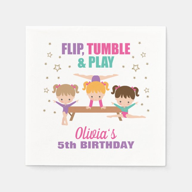 Gymnastics Pink Purple Turquoise Girl Birthday Napkin (Front)