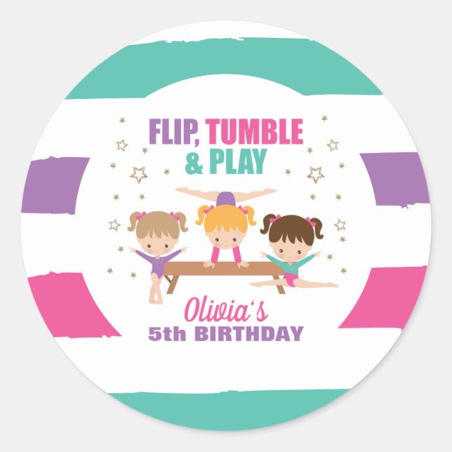 Gymnastics Pink Purple Turquoise Girl Birthday Pap Classic Round Sticker (Front)