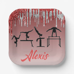 Gymnastics Red and Silver Glitter Drip Ombre  Paper Plate