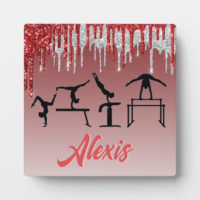 Gymnastics Red and Silver Glitter Drip Ombre      Plaque (Front)