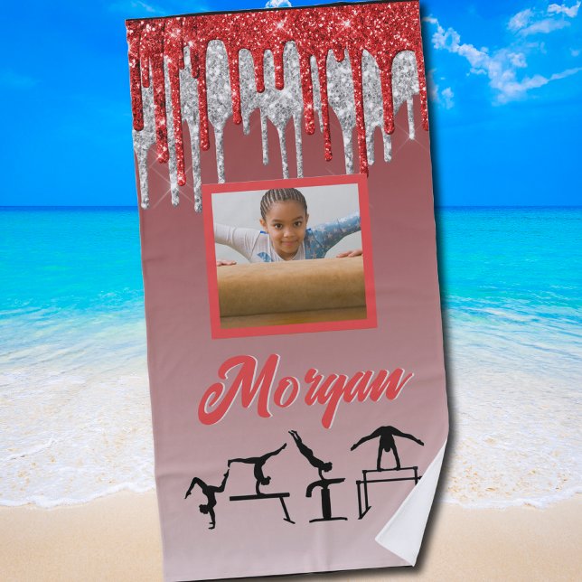 Gymnastics Red & Silver Glitter Drip Custom Photo  Beach Towel (Sparkly Gymnastics beach towel for Girls Who Love to Shine and Flip)
