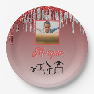 Gymnastics Red & Silver Glitter Drip Custom Photo Paper Plate