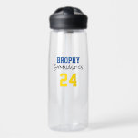 Gymnastics SCHOOL Colours YEAR Sports Team Spirit  Water Bottle<br><div class="desc">Sports Typography on clear background with custom SCHOOL NAME in blue, SPORT in black, YEAR in yellow. Easy to personalise text, text colour, font to your own team colours. Great for ANY gymnastics team, athlete, coach, fan club, awards, fundraiser, school spirit. Modern, Colourful, Fun. Mix and match entire Gymnastics /...</div>