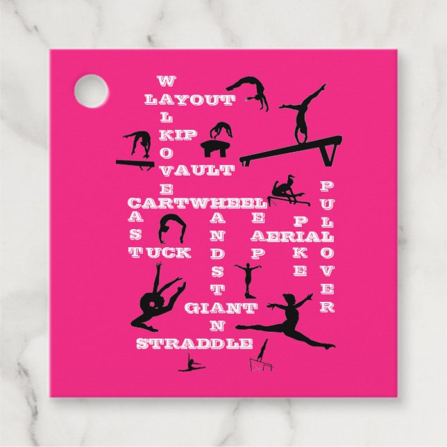 Gymnastics Skills Crossword Custom Pink Favour Tag (Front)