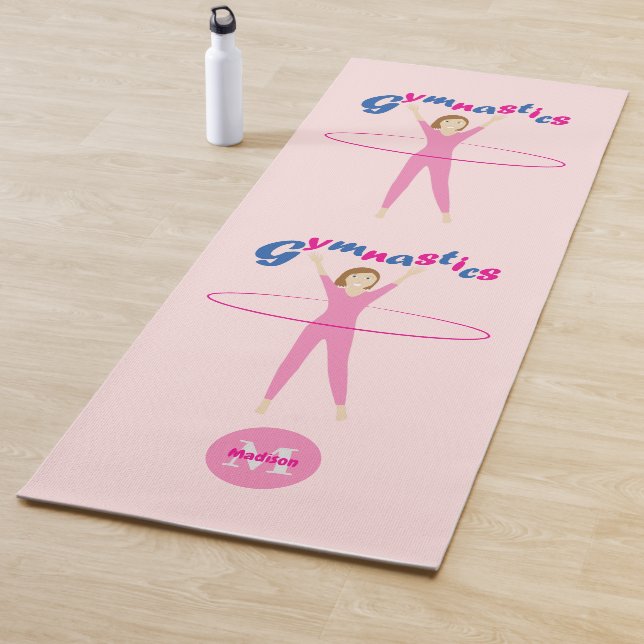Gymnastics text Pink hula hooping girl Monogram Yoga Mat (In Situ)