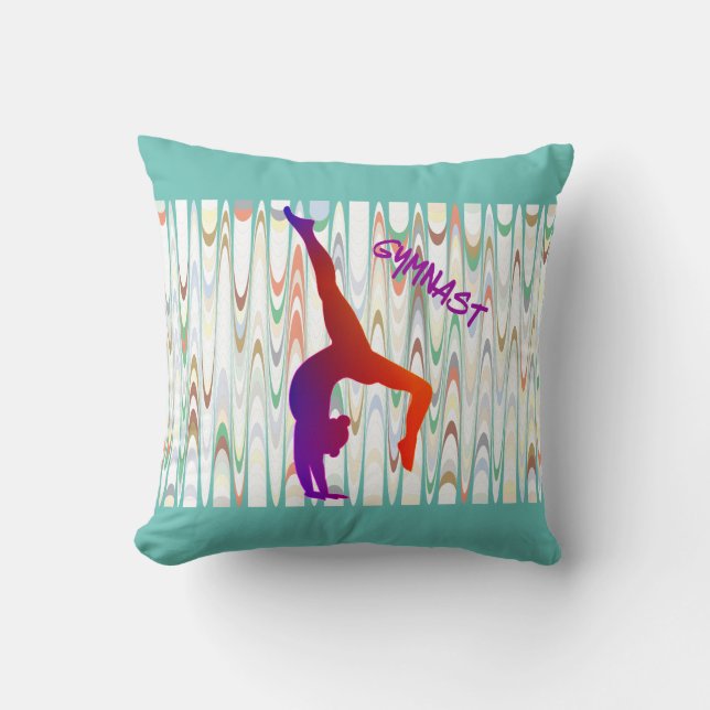 Gymnastics throw pillow with gymnast. (Front)