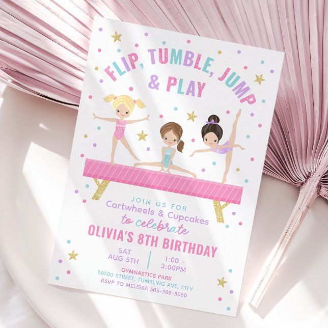 Gymnastics Tumble Pink Birthday Invitation (Gymnastics Party Invitation)