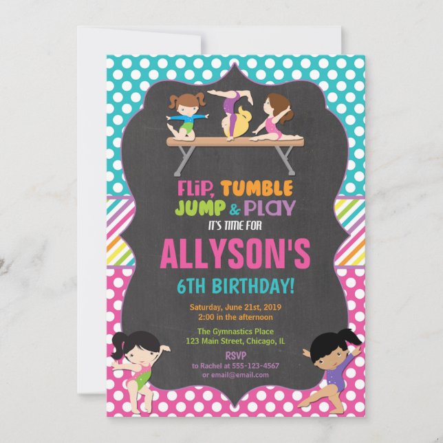 Gymnastics tumbling party birthday party girl invitation (Front)