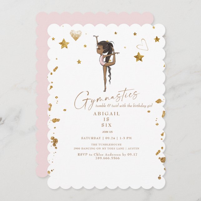  Gymnastics Tumbling Pink Scalloped Birthday Party Invitation (Front/Back)