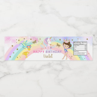 Gymnastics & Unicorn girl birthday bottle label. Water Bottle Label