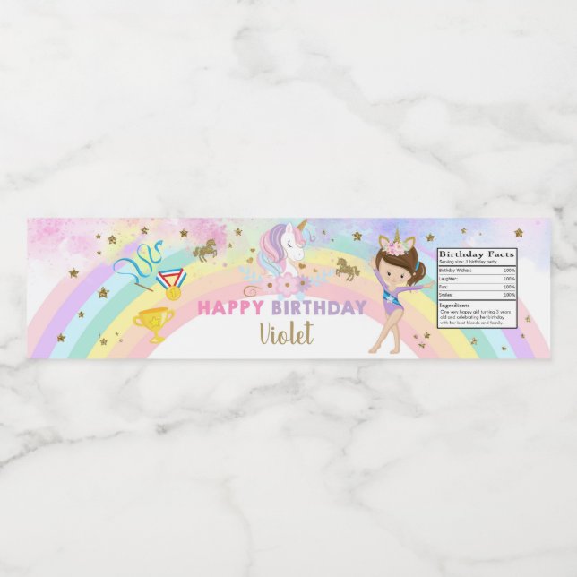Gymnastics & Unicorn girl birthday bottle label. Water Bottle Label (Single Label)