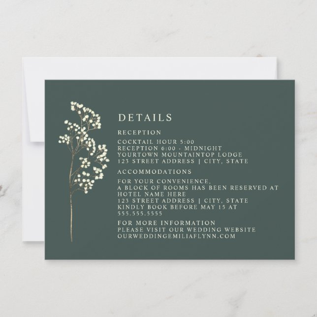 Gypsophila Botanical Emerald Wedding Details Invitation (Front)