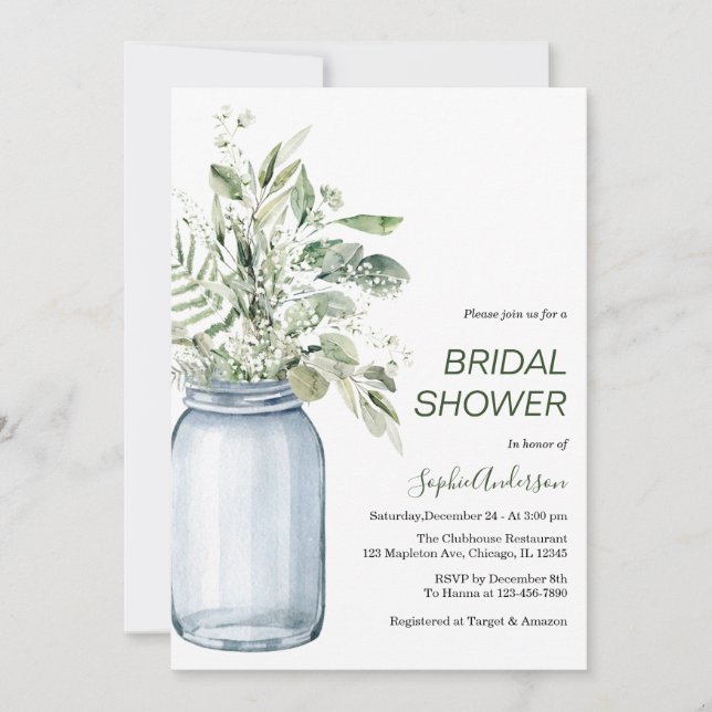 Gypsophila Mason Jar Eucalyptus Bridal Shower Invitation (Front)