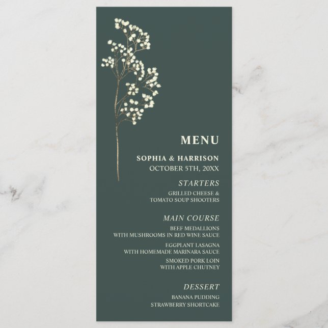 Gypsophila Peacock Green Wedding Menu (Front)