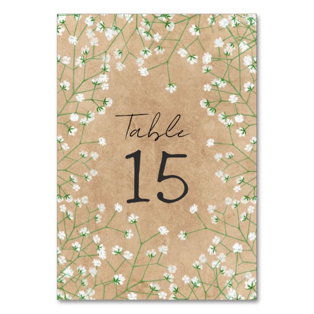 Gypsophila Watercolor Floral Rustic & Boho Wedding Table Number (Front)