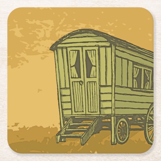 Gypsy caravan wagon square paper coaster (Front)