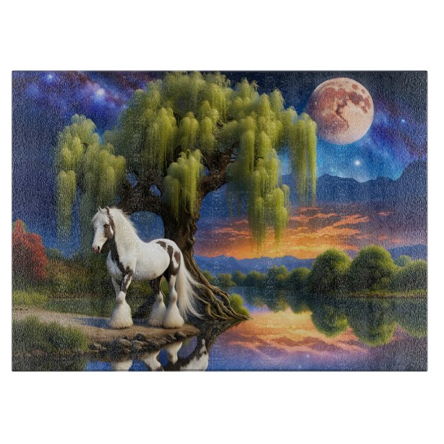 Gypsy Vanner Horse -Willow tree N Full Moon  Cutting Board (Front)