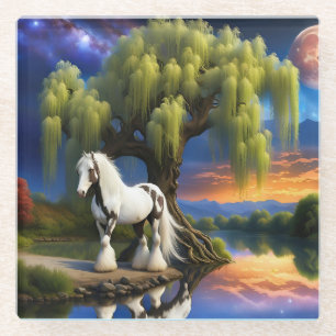 Gypsy Vanner Horse -Willow tree N Full Moon  Glass Coaster