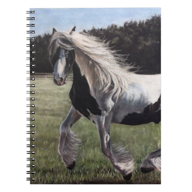 Gypsy vanner pinto horse running in field notebook (Front)