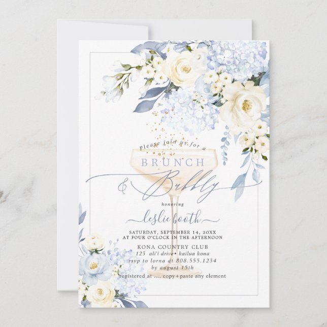H2 Blue Hydrangea Cream Roses Brunch Bubbly Invitation (Front)