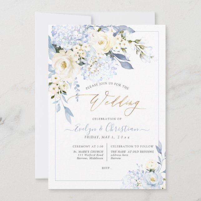 H2 Blue Hydrangea Cream Roses Wedding Invitation (Front)