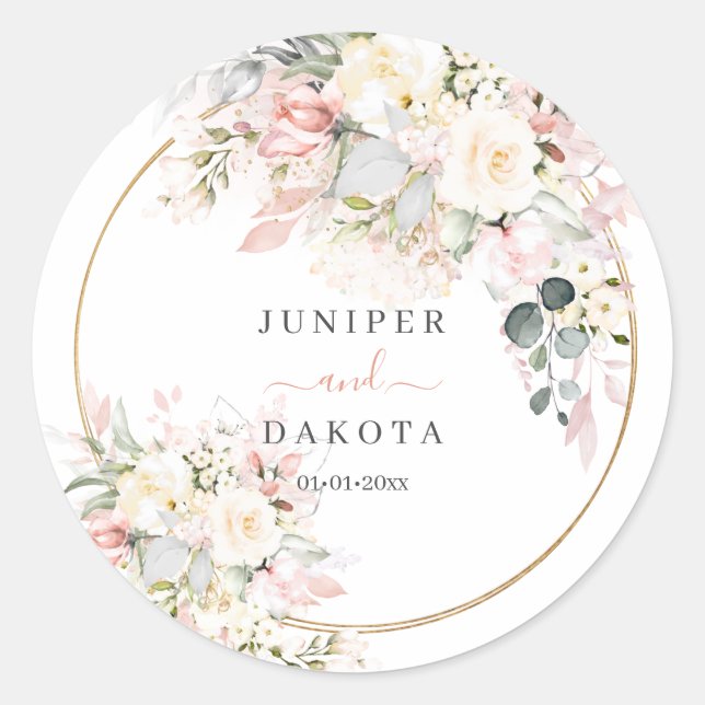 H2 Dusty Rose Hydrangea Cream Roses Wedding Classi Classic Round Sticker (Front)