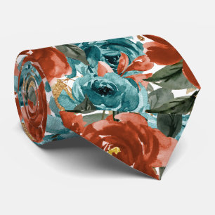 H2 Flowers Teal Green Rust Orange Roses   Tie