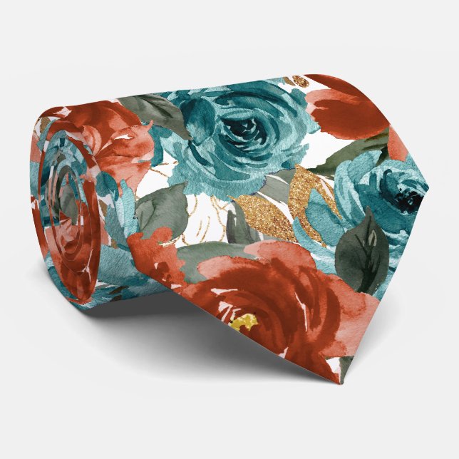 H2 Flowers Teal Green Rust Orange Roses   Tie (Rolled)