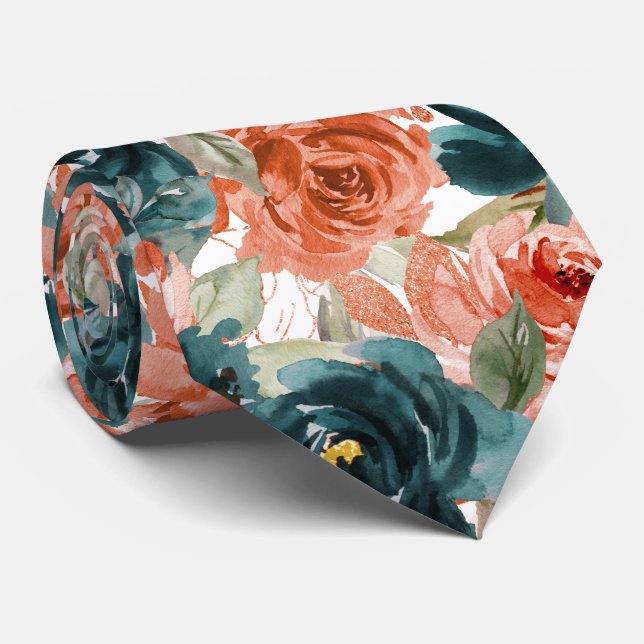 H2 Flowers Teal Green Rust Orange Roses   Tie (Rolled)
