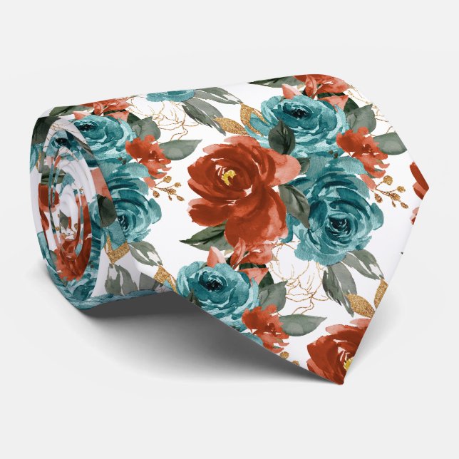 H2 Flowers Teal Green Rust Orange Roses   Tie (Rolled)
