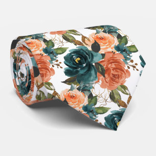 H2 Flowers Teal n Rust Orange Roses Tie