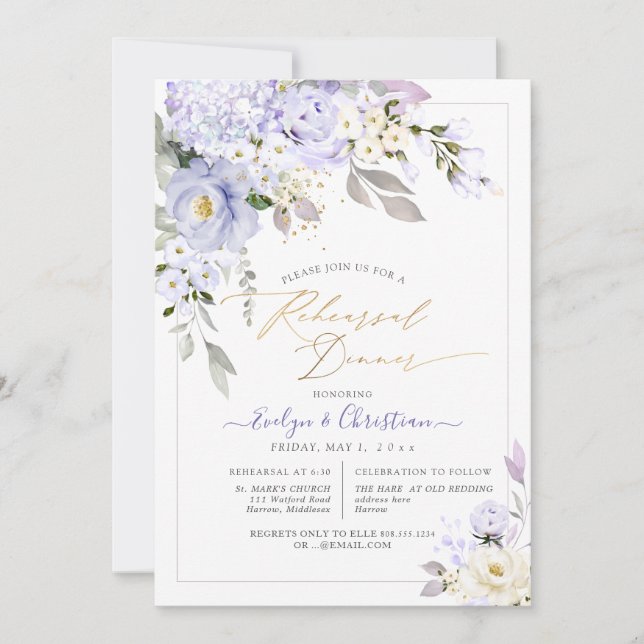 H2 Purple Hydrangea Cream Roses Rehearsal Dinner Invitation (Front)
