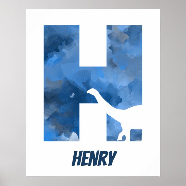 "H" Dinosaur Watercolor Blue Child's Name Poster (Front)