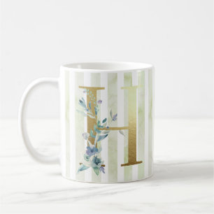 H golden initial on blue and white stripes coffee mug