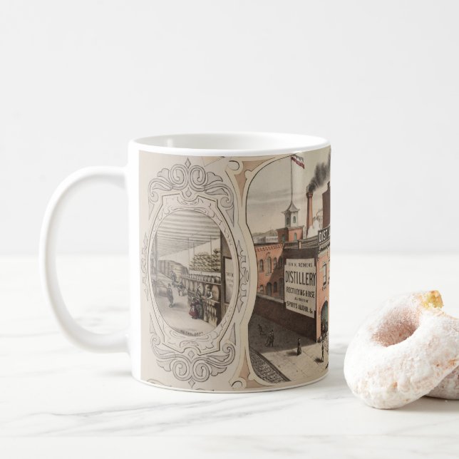 H.& H. Reiners Distillery Building In Brooklyn, Ny Coffee Mug (With Donut)