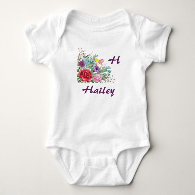 H Hailey Personalise Letter Name, Rose Flowers Baby Bodysuit (Front)