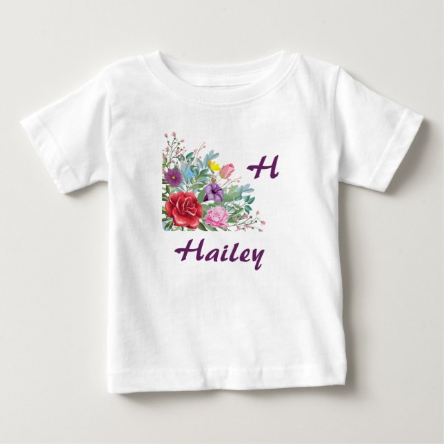 H Hailey Personalise Letter Name, Rose Flowers Baby T-Shirt (Front)