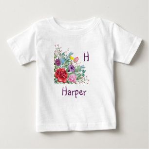 H Harper Personalise Letter Name, Rose Flowers Baby T-Shirt